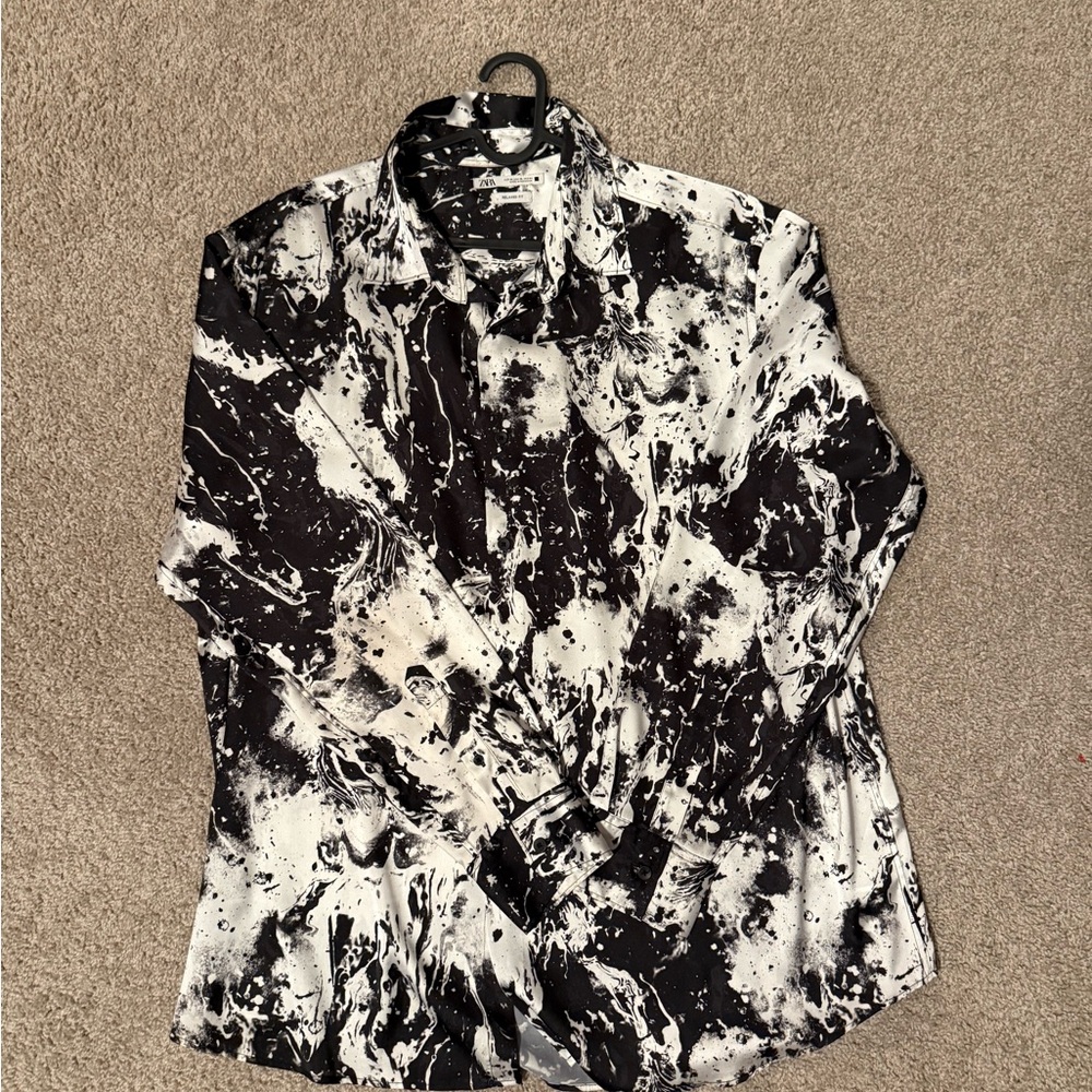 Zara Black and White Abstract Silk Dress Shirt